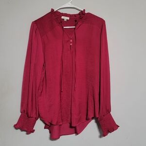 Womens Sz Large Maroon‎ Wine Burgundy Top Blouse Shirt Flowy Alex & Lili Smocked